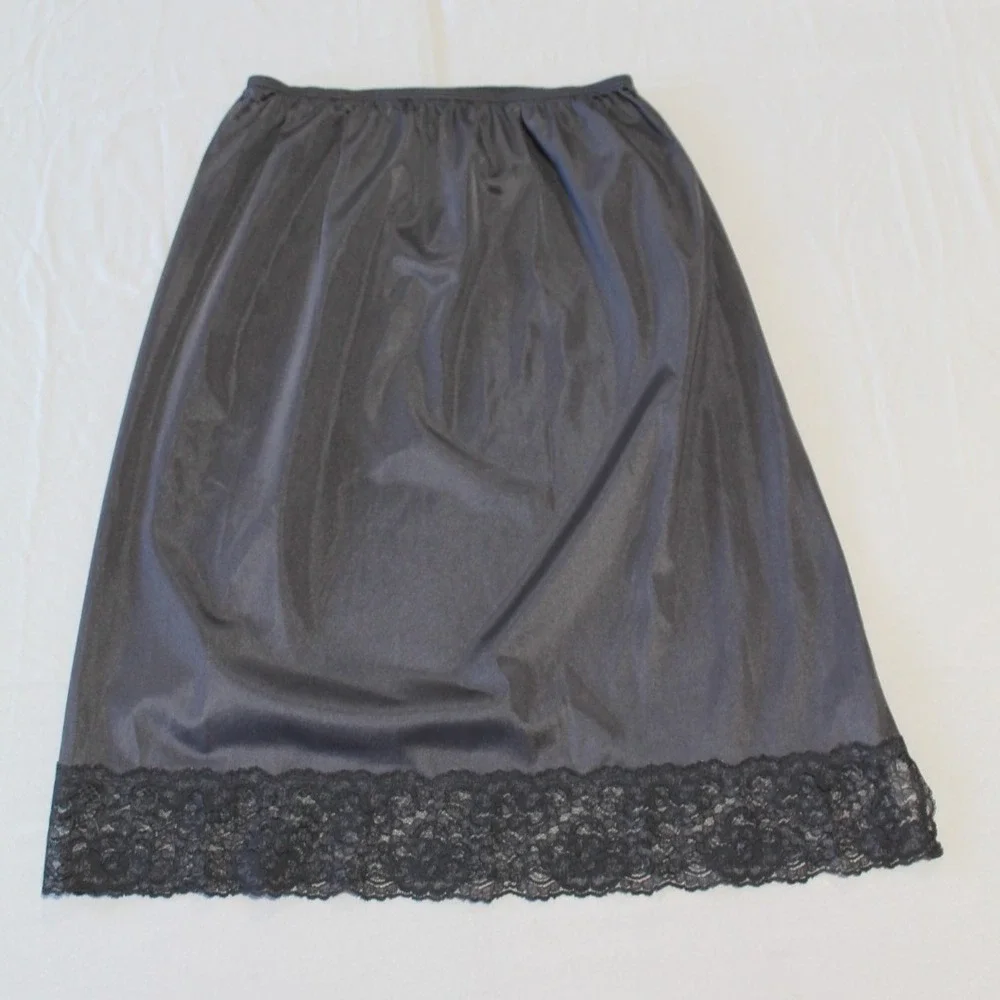 Vintage Sears Medium Black Half Slip Lace Detail Elastic Waist Side Slit 80s 90s